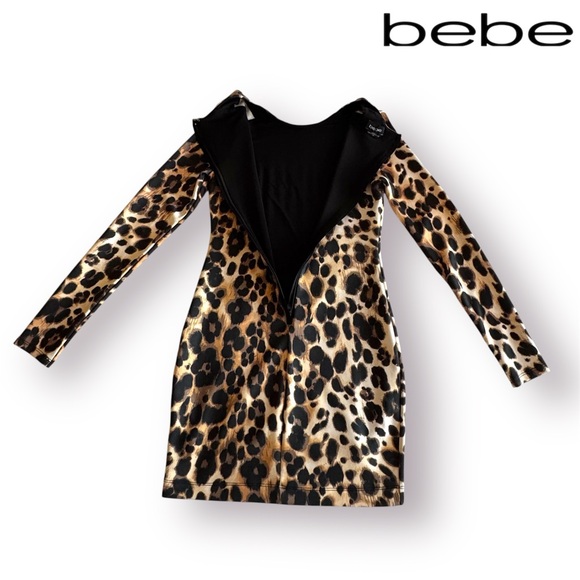 Bebe Animal | Leopard Print Scuba Bodycon Long-sleeve Mini Dress - Picture 7 of 10